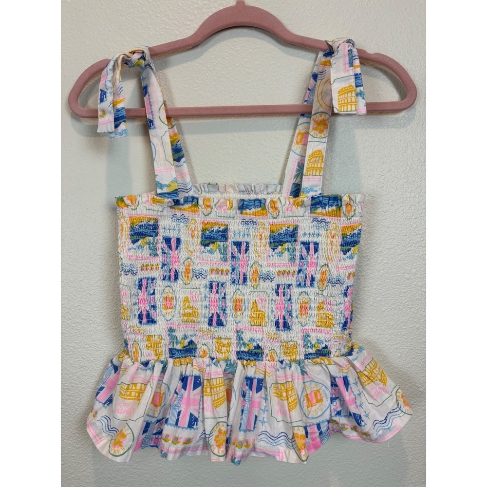 Haute Hippie Style Smocked Peplum Top Travel Print Tie Strap Small Resort Y2K